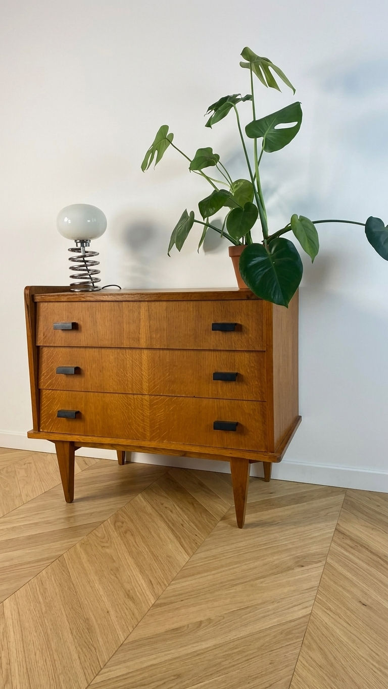 Miniature : Commode vintage scandinave en placage de chêne - pieds compas - années 1950-1960