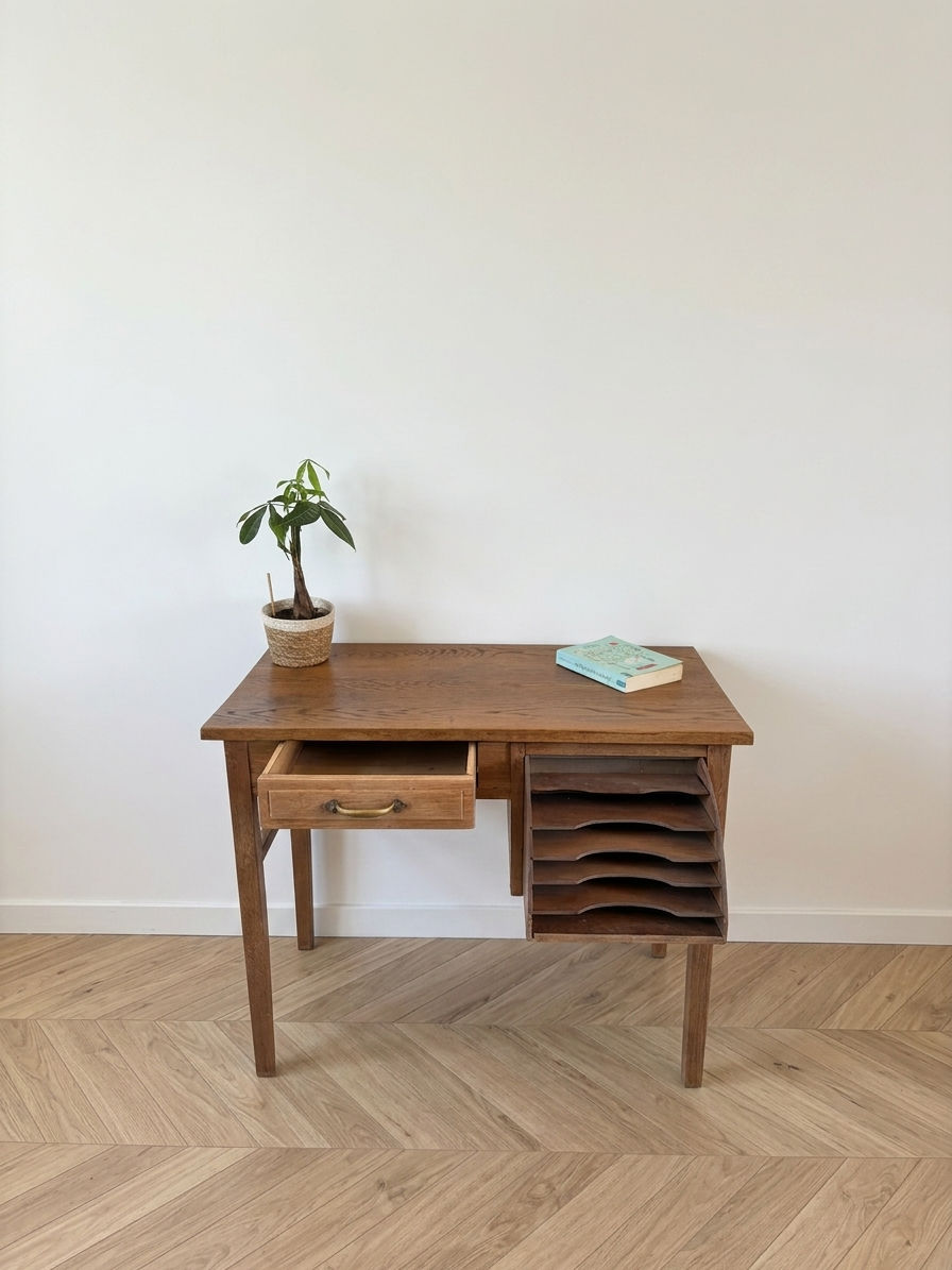 Miniature : Petit bureau vintage en chêne avec un tiroir - Détails