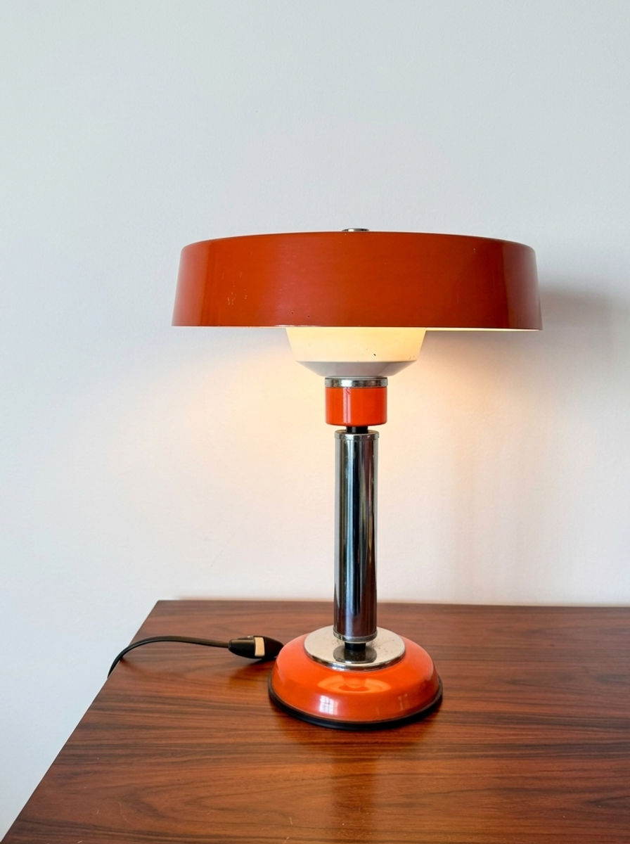 Lampe à poser en métal laqué orange et chromé – Space Age années 70