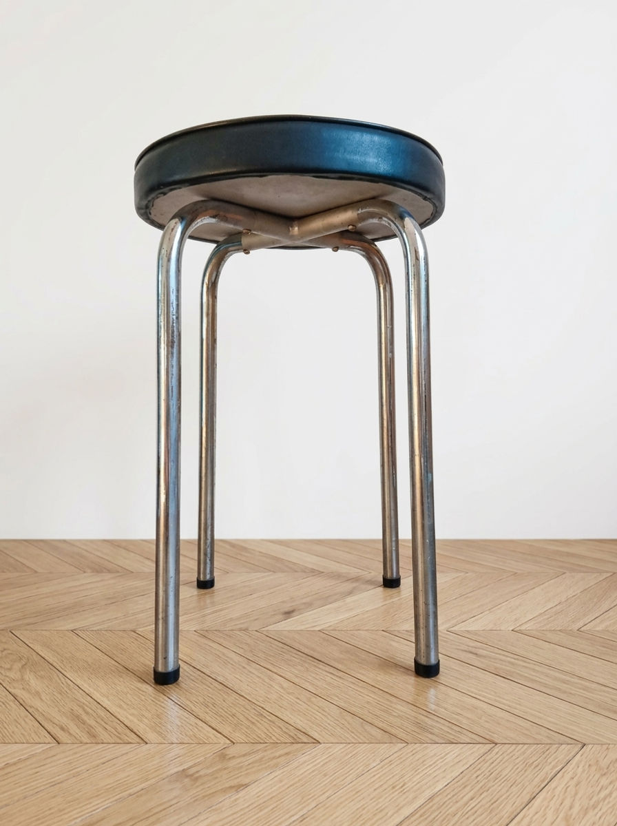 Miniature : Tabouret vintage en cuir noir et métal chromé – années 70