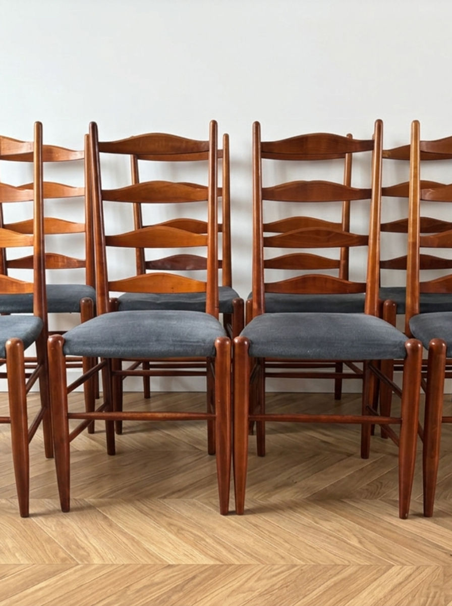 Suite de 8 chaises dossier échelle en teck style scandinave - années 60