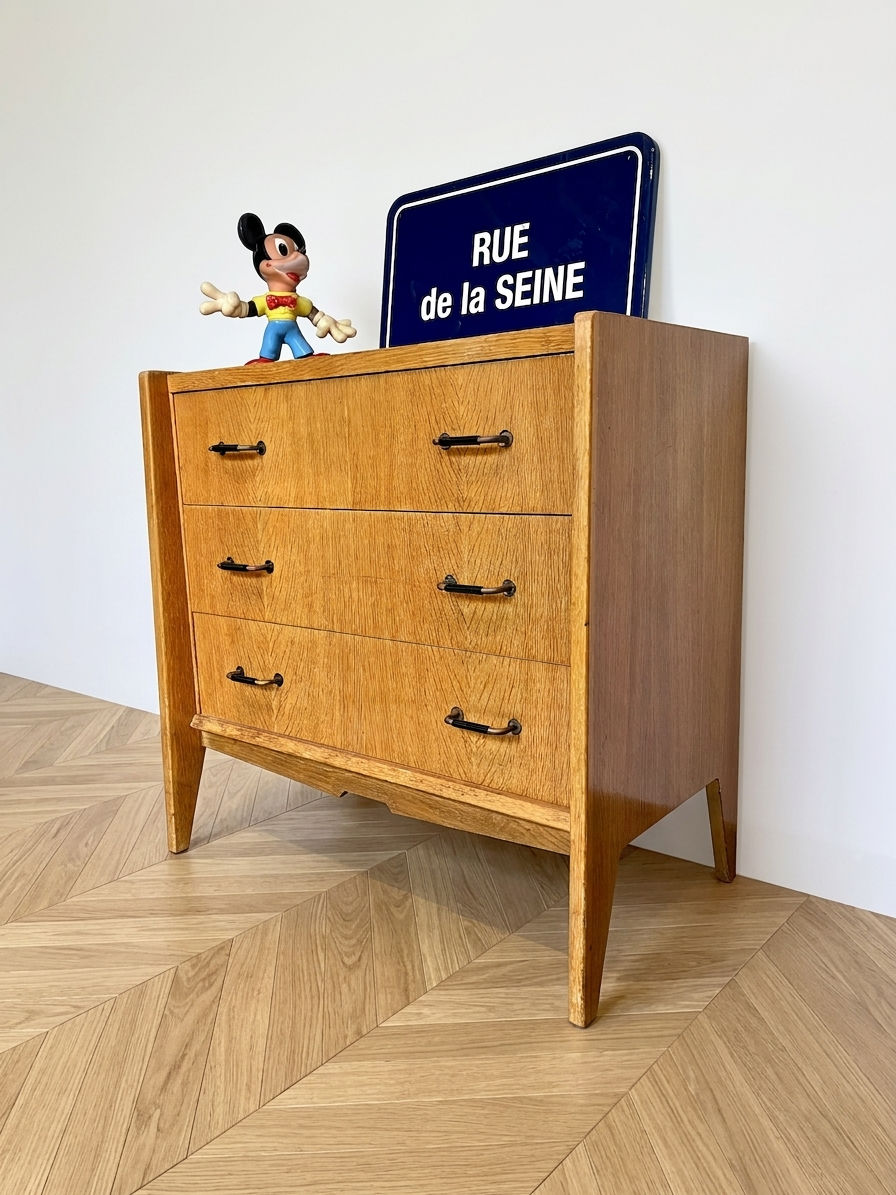 Miniature : Commode Vintage 3 Tiroirs Pieds Compas