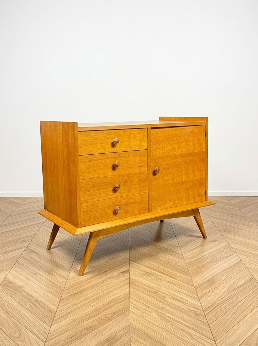 Buffet en chêne clair années 60 – Pieds compas et laiton