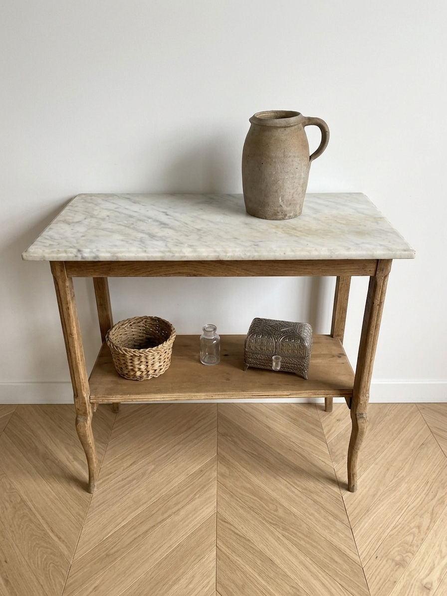 Miniature : Console en marbre et bois massif upcyclée vue en plongé