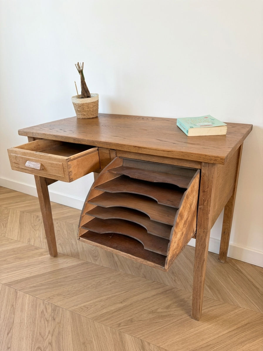 Miniature : Petit bureau vintage en chêne avec un tiroir - Détails