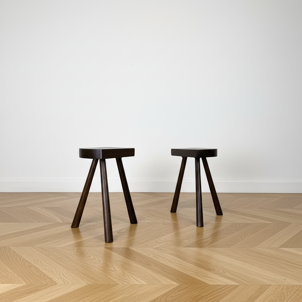 Paire de tabourets tripode vintage en bois massif