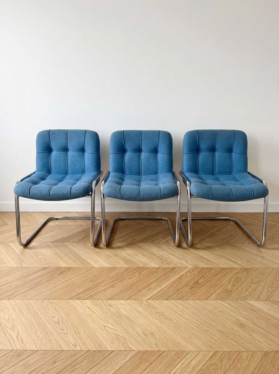 Miniature : Fauteuil tubulaire chromé bleu années 70 - Yves Christin Airborne