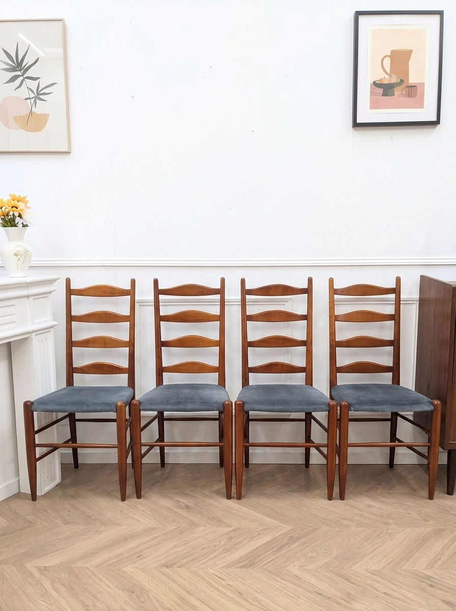 Suite de 8 chaises dossier échelle en teck style scandinave - années 60
