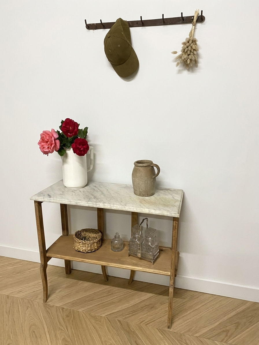 Miniature : Console en marbre et bois massif upcyclée vue de loin