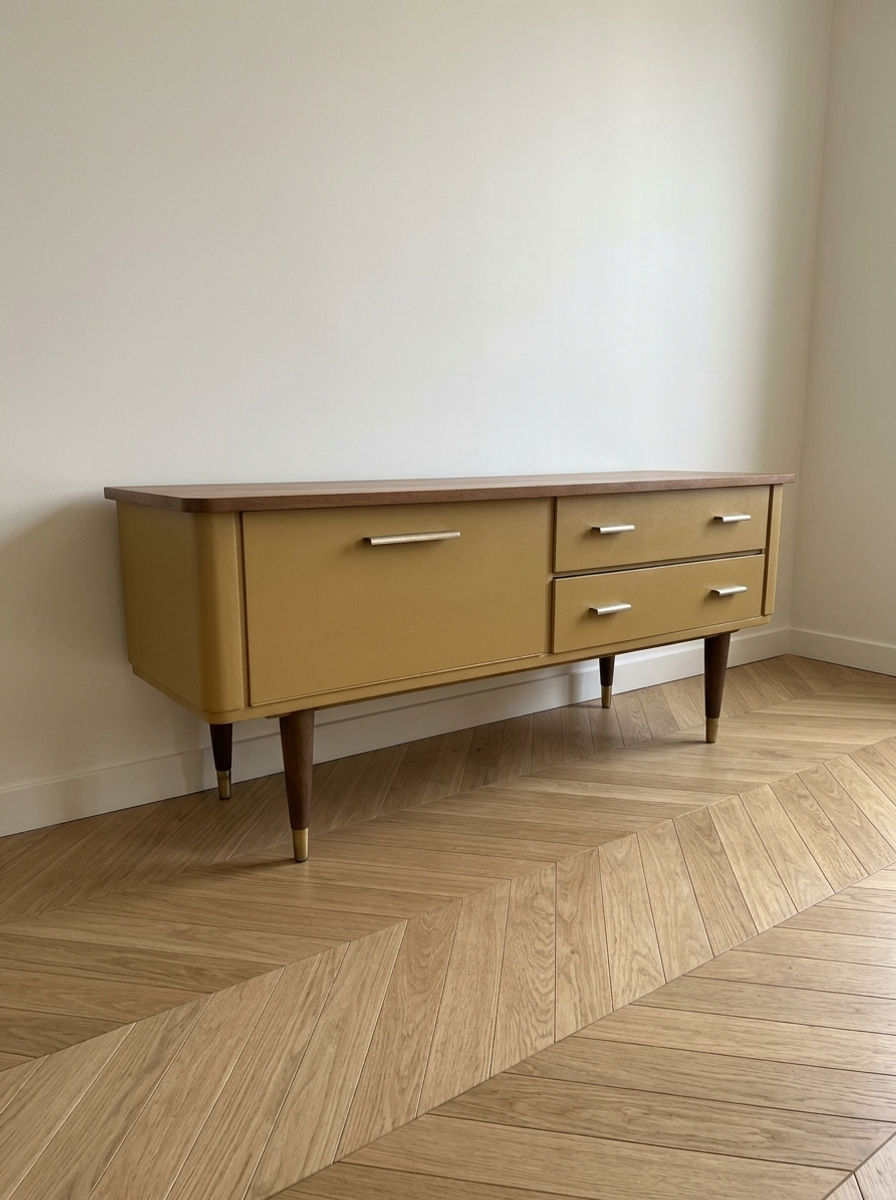 Enfilade basse vintage beige et laiton pieds compas – Années 60