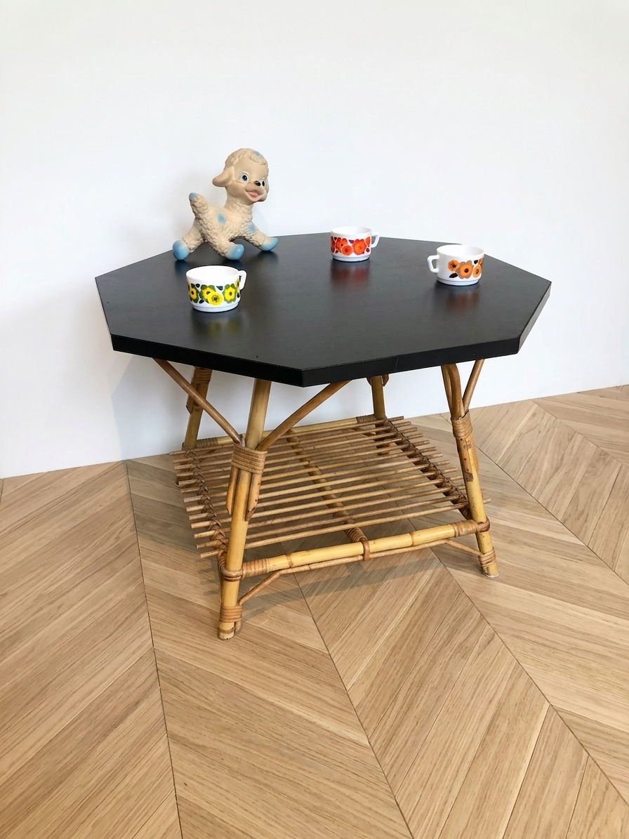 Table basse rotin plateau noir