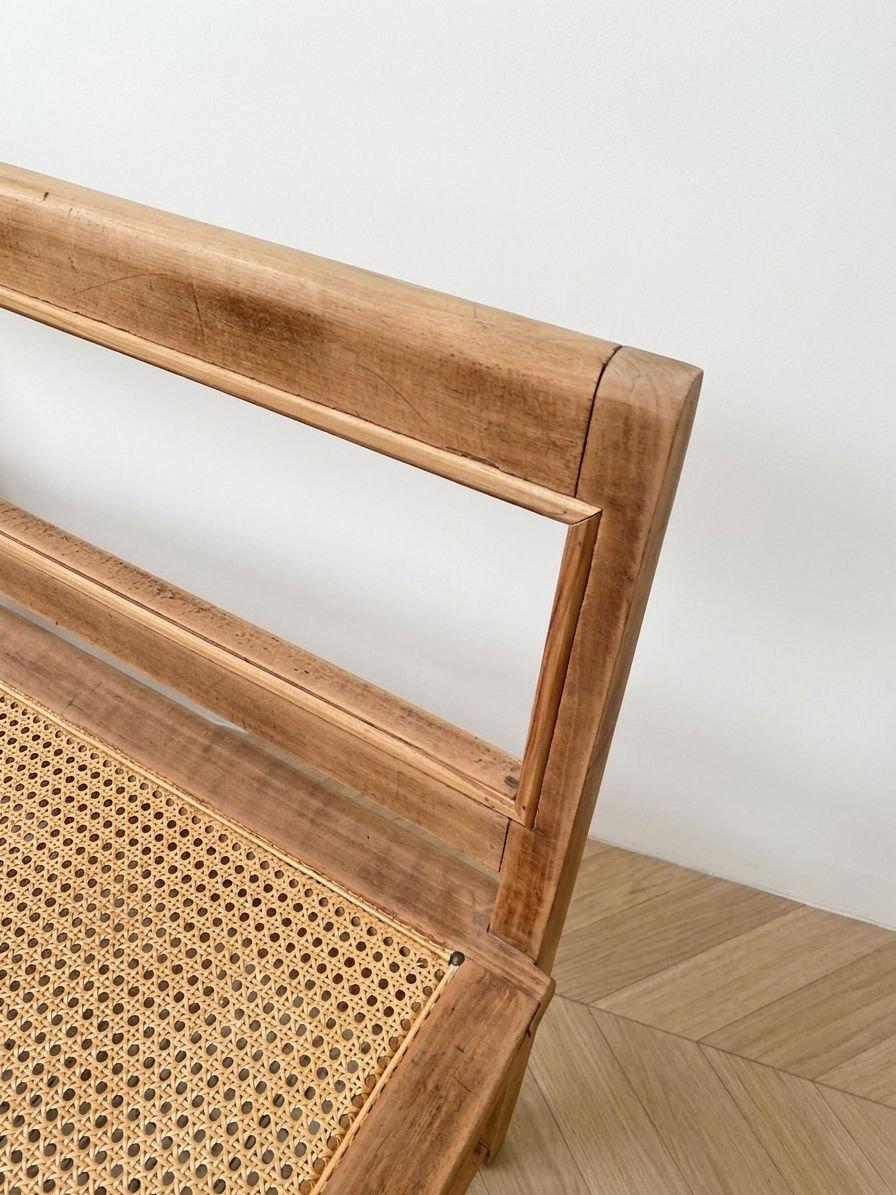 Miniature : Banc ancien en bois massif et cannage - Détail