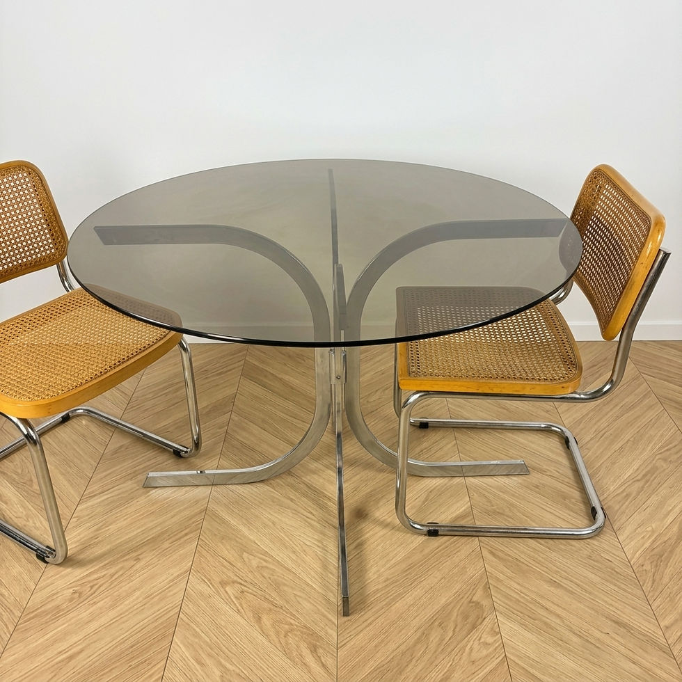 Miniature : Table à manger ronde en verre fumé et métal chromé - Années 70