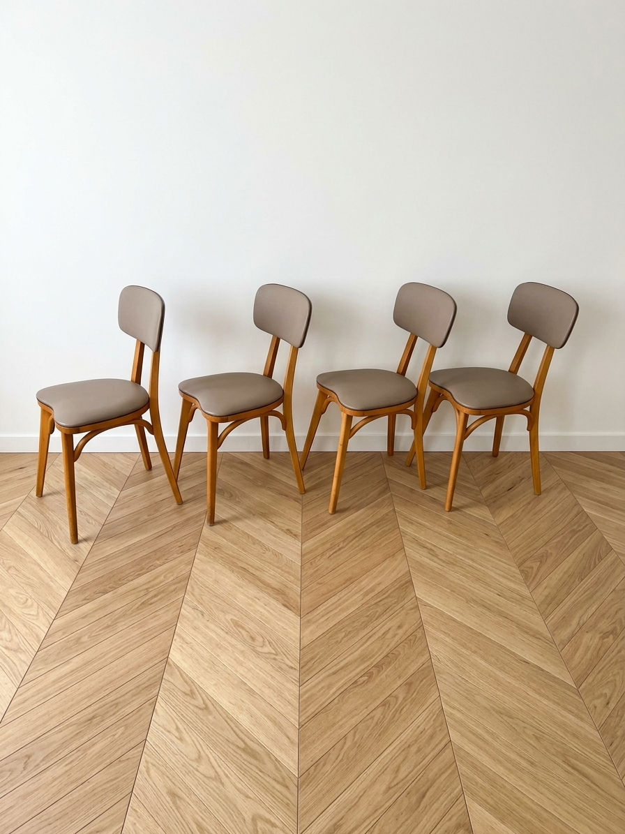 Miniature : Suite de 4 chaises Bistrot Chêne Claire Vernis (Baumann) Pied compas Taupe Foncé