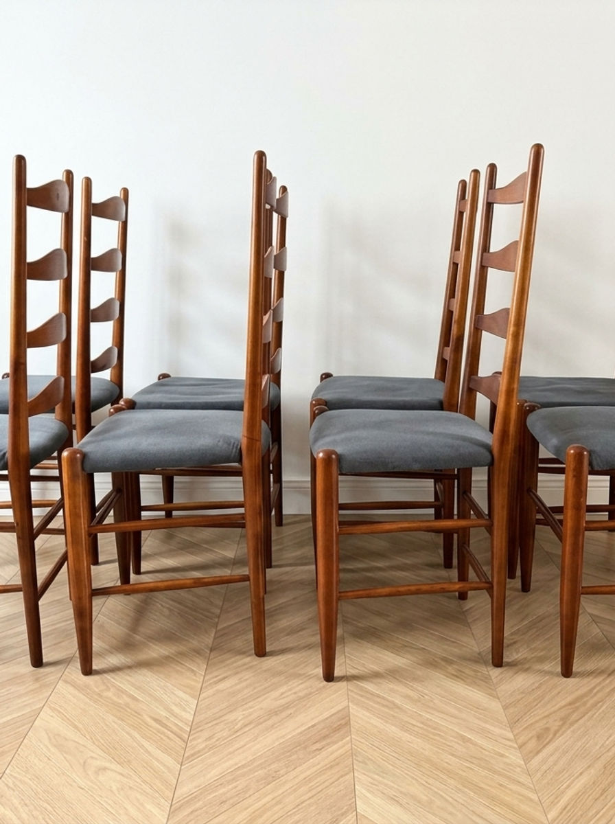 Miniature : Suite de 8 chaises dossier échelle en teck style scandinave - années 60