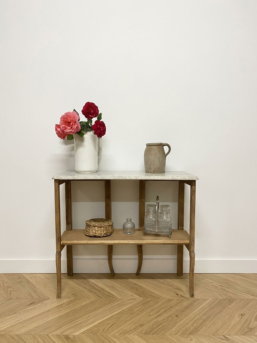 Miniature : Console en marbre et bois massif upcyclée vue de face
