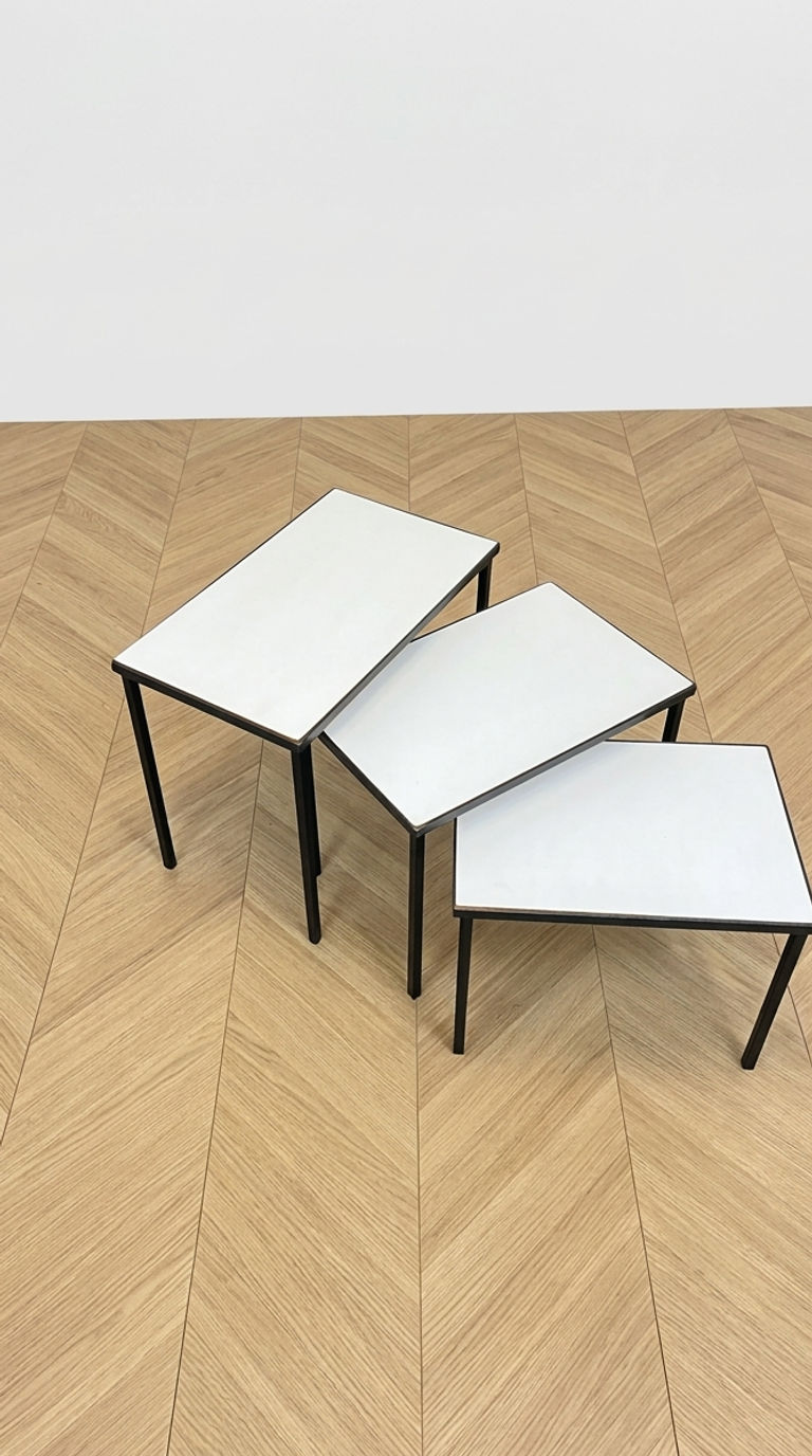 Miniature : Tables gigognes réversibles vintage en formica, blanc et façon palissandre