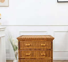 Commode bohème vintage en rotin tressé et bois, 3 grands tiroirs