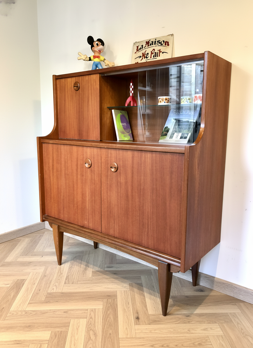 Buffet vintage vitré en teck vu de droite