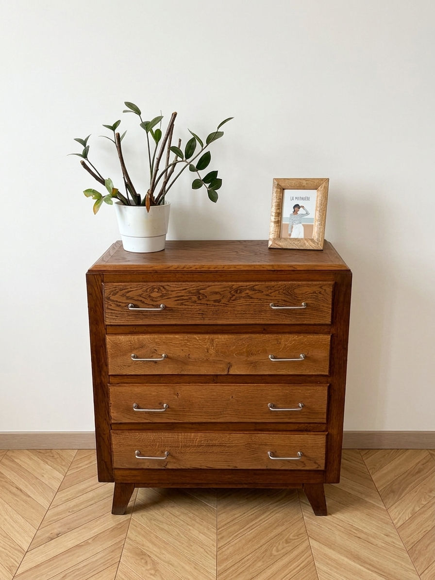 Commode vintage en chêne avec 4 tiroir et pieds compas