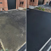 Dirty, faded driveway before and after fresh asphalt resurfacing.