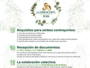 El 6 de febrero cierra registro de parejas para matrimonios colectivos