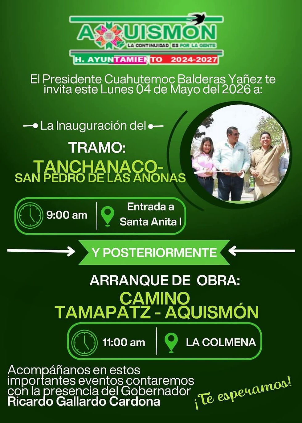 Lista la agenda del Gobernador del Estado; visitará Aquismón el lunes