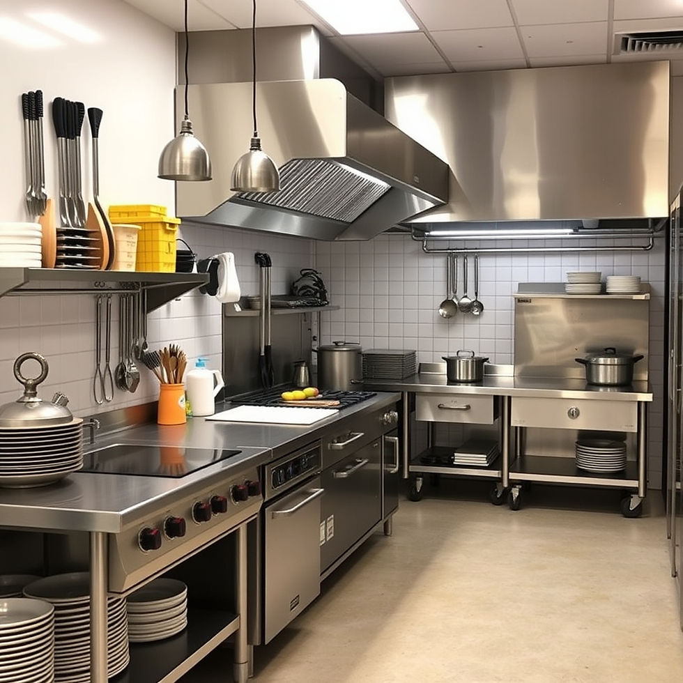 Commercial kitchen equipment: commercial kitchen set up. Modern commercial kitchen with stainless steel equipment