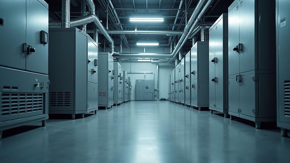 Eye-level view of a commercial building's mechanical room with advanced HVAC equipment