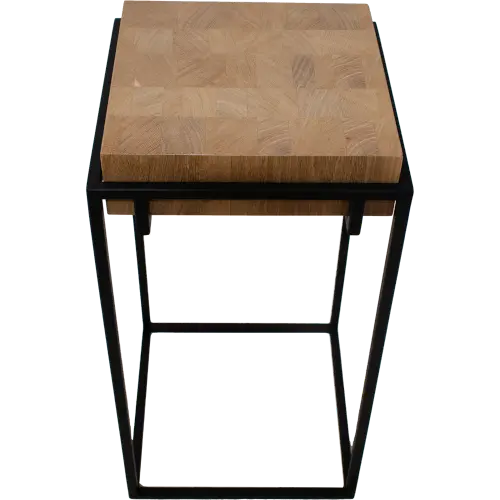 Thumbnail: Bijzettafel met grijs getint eiken inlegblok en dun zwart ijzeren onderstel.
