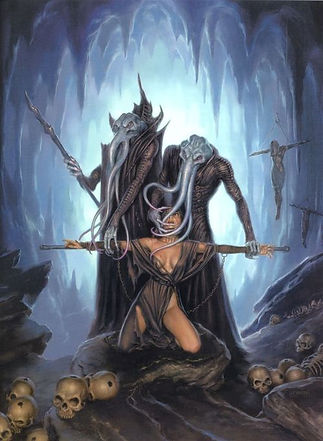Ilustração sombria de criaturas lovecraftianas aprisionando uma mulher em uma caverna repleta de crânios.
