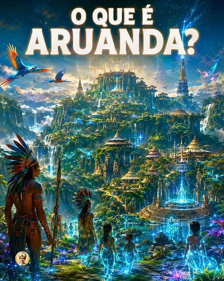 Cidade espiritual de Aruanda com templos entre montanhas e figuras espirituais indígenas