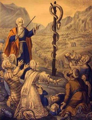 Imagem de Moisés encantando uma cobra, representando a Kundalini.