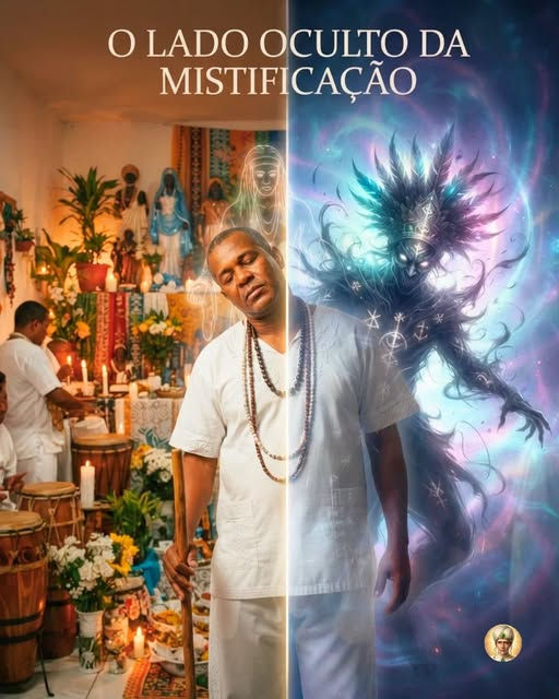Médium dividido entre a realidade do terreiro e uma entidade sombria, ilustrando a mistificação espiritual