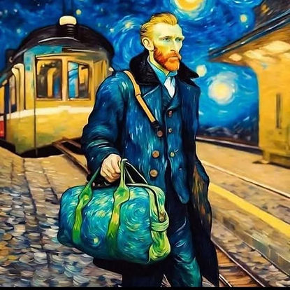 Arte representando Van Gogh andando durante a noite, em estilo artístico característico do pintor.