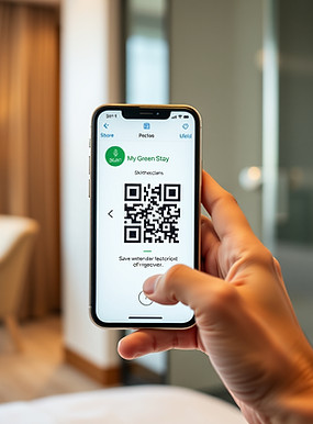 Picture of guest staying in a hotel and using an iphone to scan a QR code of a solution b