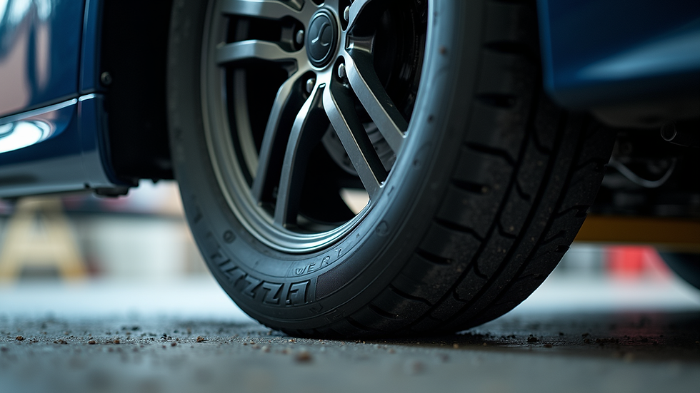 Eye-level view of a car tyre being balanced on a machine