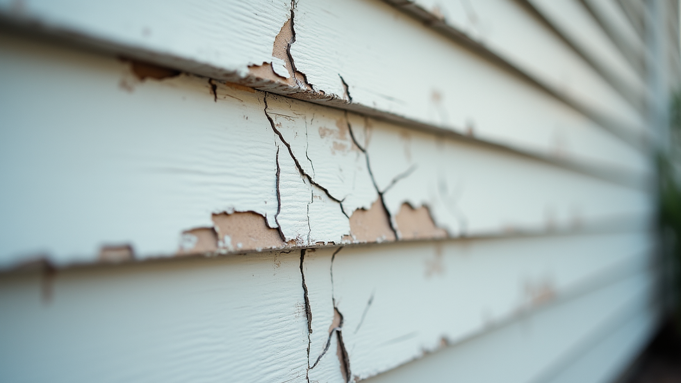 Close-up view of damaged vinyl siding with cracks and fading