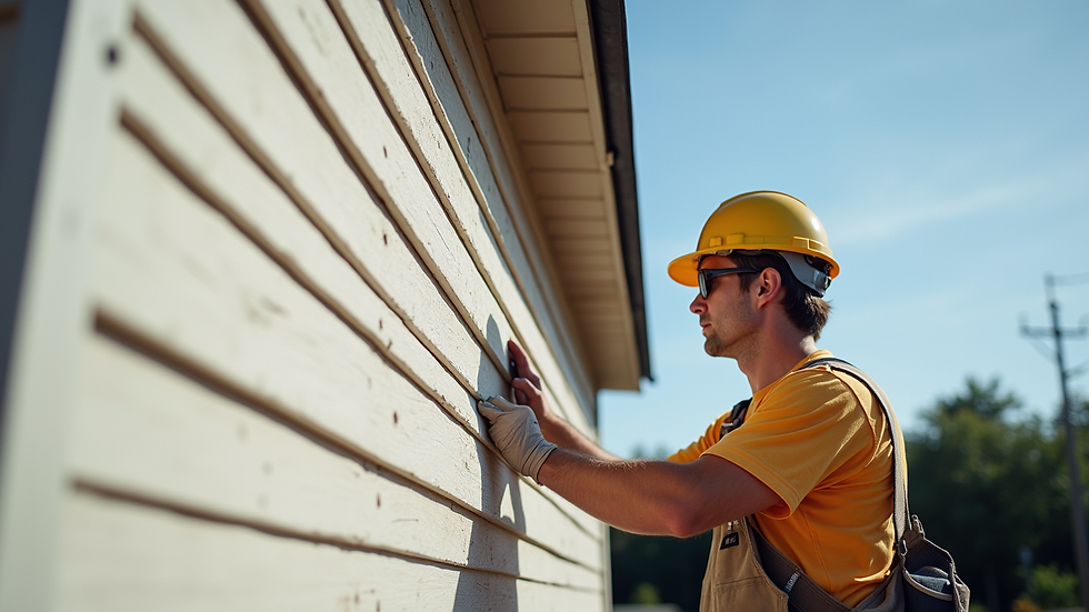 Eye-level view of a contractor installing fiber cement siding on a commercial building