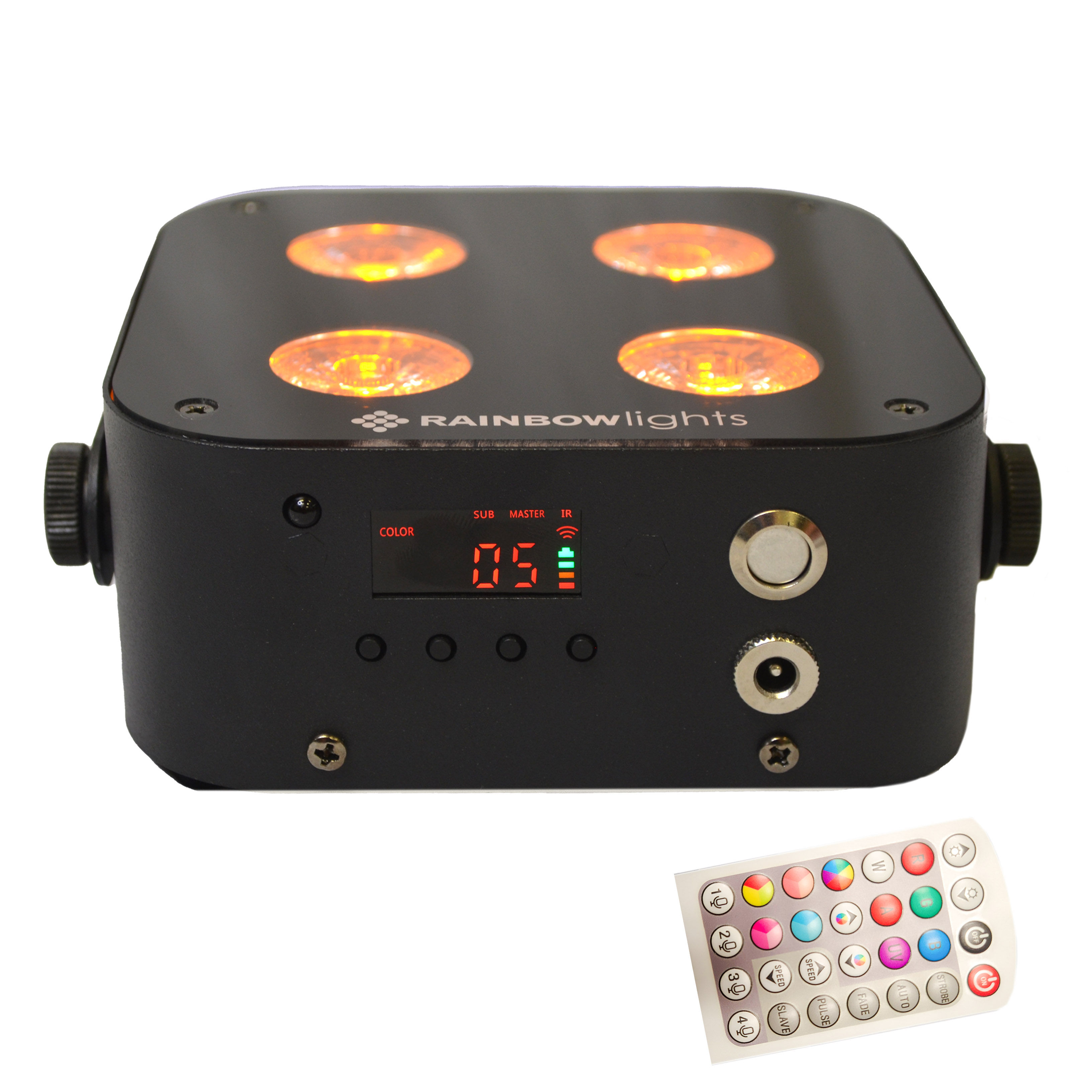 MICRO LED 4 RGBWA+UV, Wireless DMX, Battery Uplight with Remote, Ape Style BLACK