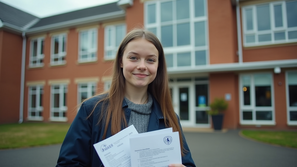 eye-level view of a student holding their GCSE results in front of their school
