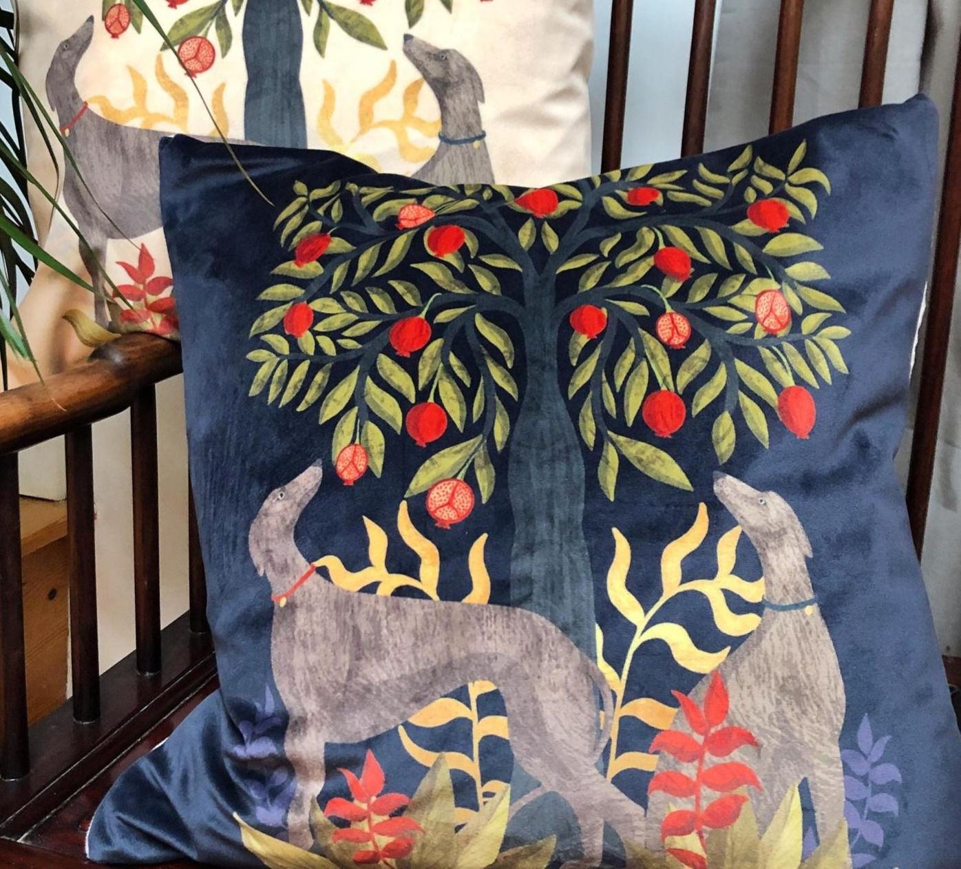 Navy Whippets Velvet Cushion