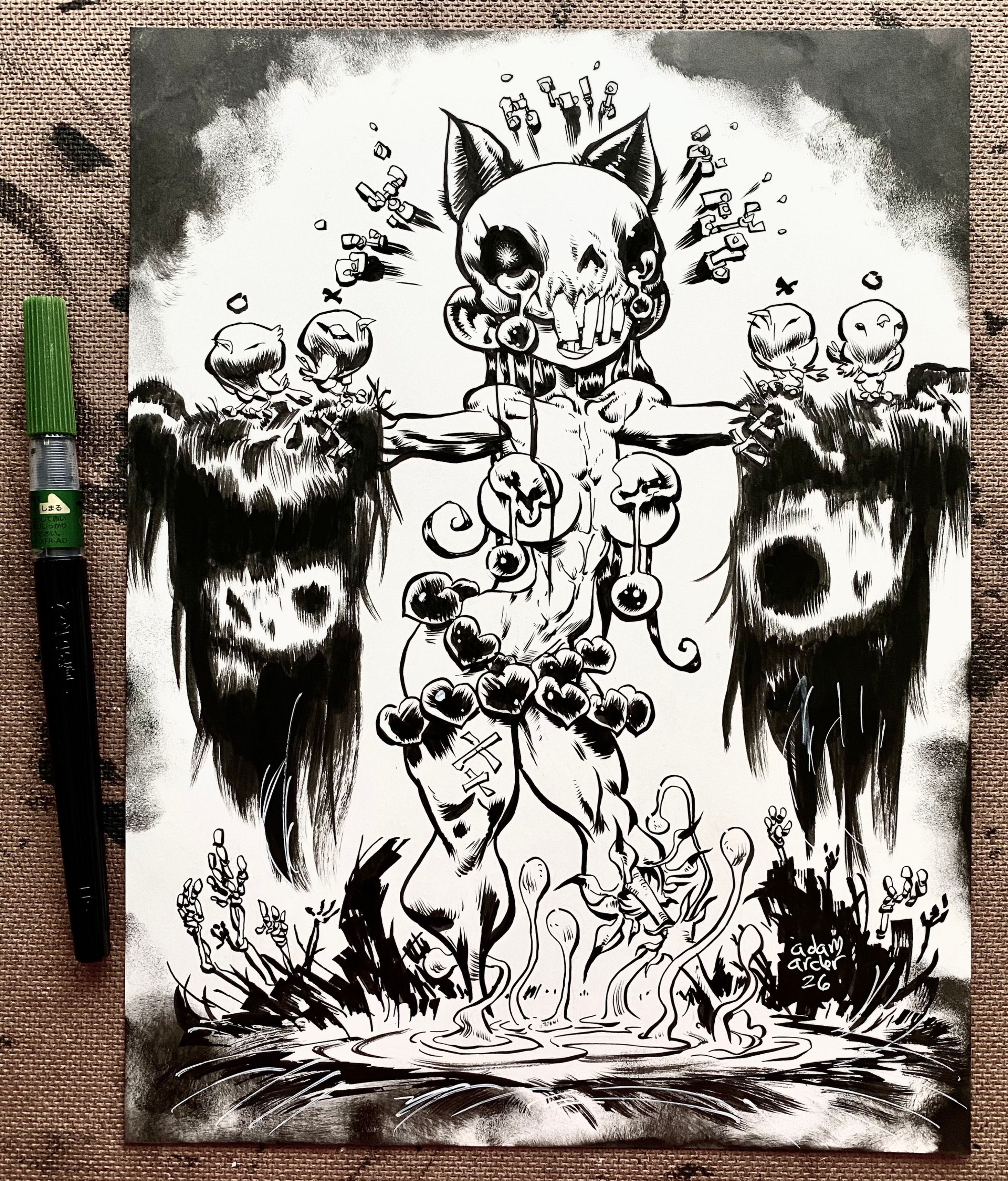 cat skull birds 9 x 12"