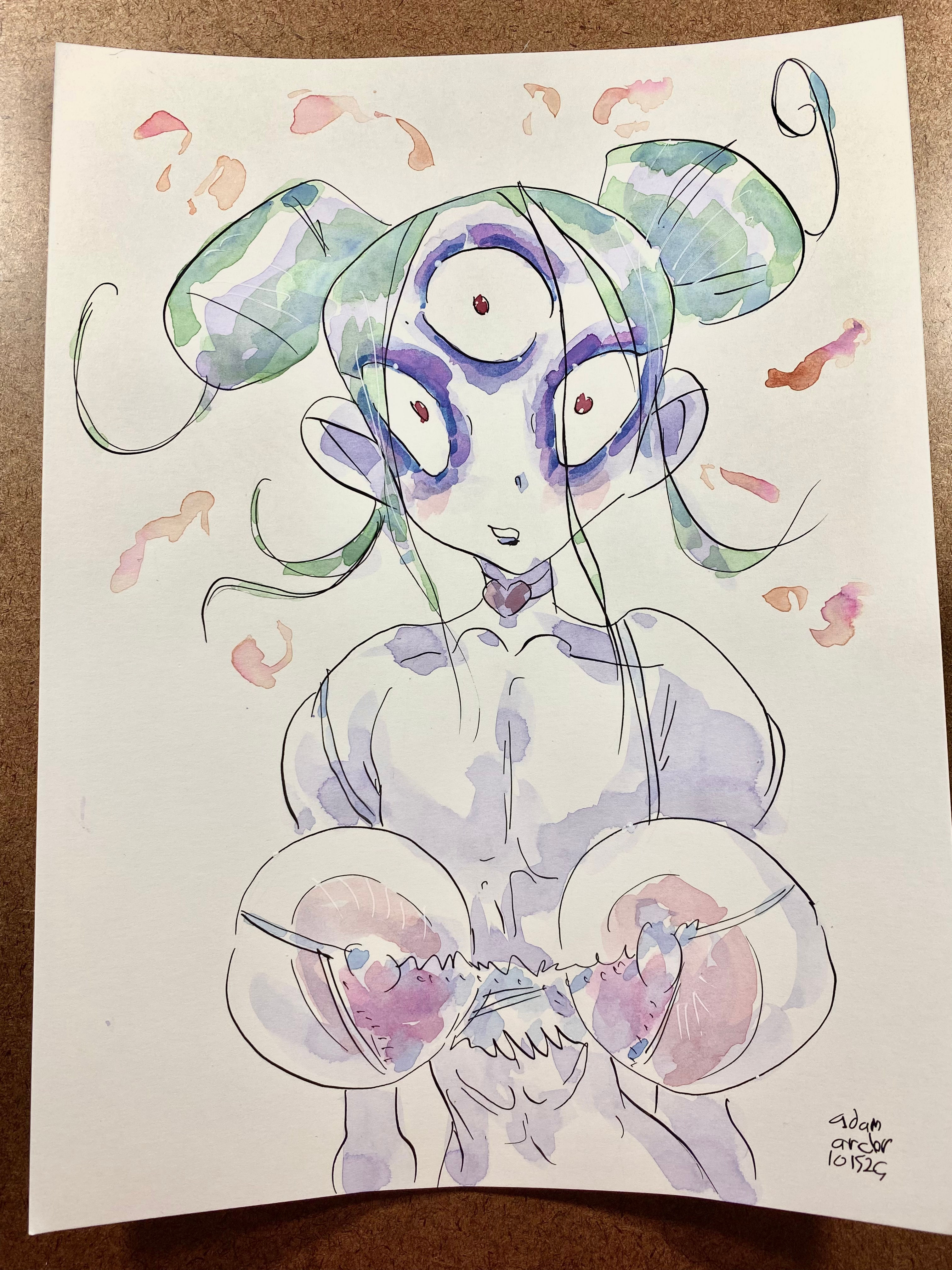 animated style manga girl watercolor 9 x 12" three eyes