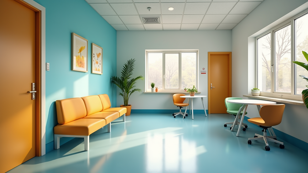 Wide angle view of a colorful pediatric dental waiting room