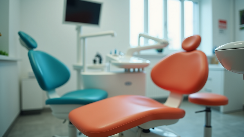 Close-up view of a child-friendly dental chair with colorful cushions
