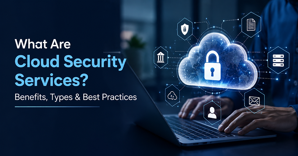 Cloud security graphic with a laptop user and glowing lock cloud; text reads What Are Cloud Security Services?