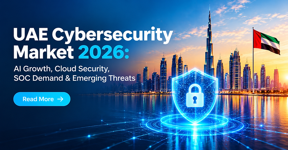 UAE cybersecurity market 2026 graphic with Dubai skyline, UAE flag, glowing lock shield, and Read More button