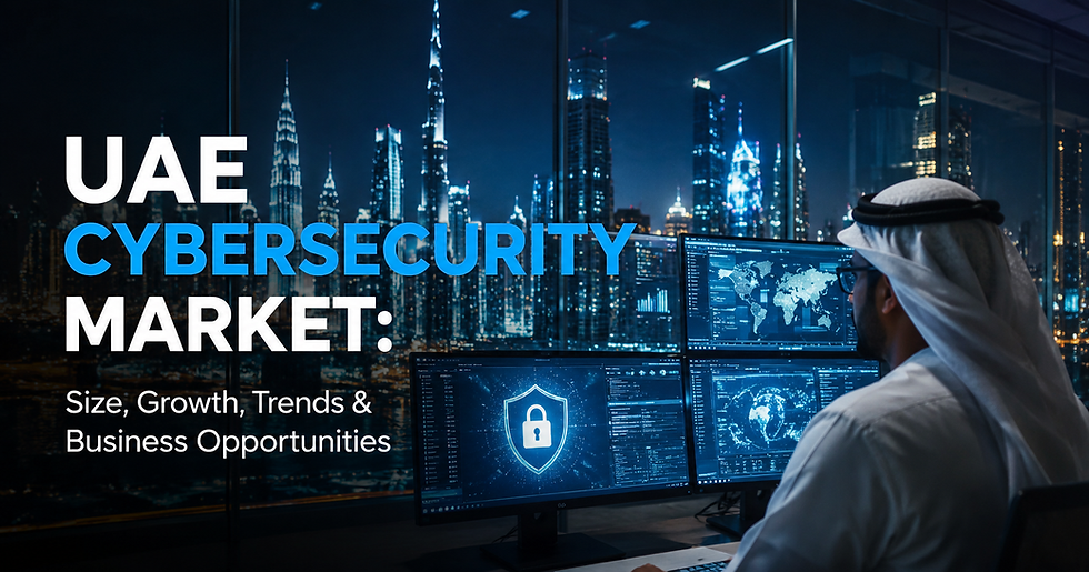 UAE cybersecurity market graphic with a man in a kandura monitoring security dashboards at night over Dubai skyline.