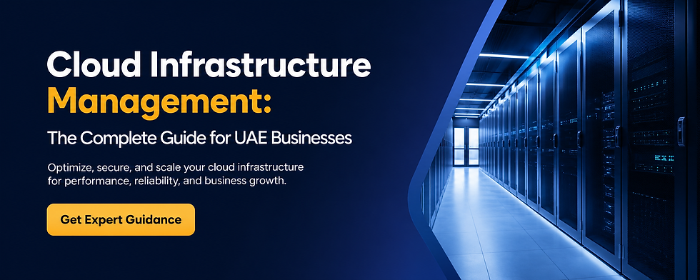 Cloud infrastructure management banner with blue server racks and text: The Complete Guide for UAE Businesses and Get Expert Guidance